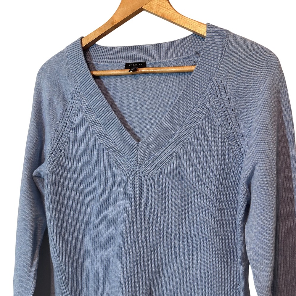 Talbots Womens Wool Cashmere Small V-Neck Light Blue Ribbed Knit Sweater Preppy